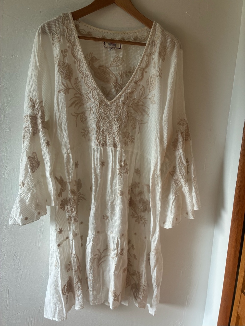Johnny Was Ivory Bell Sleeve Dress Embroidered Bird Floral Mini Dress XL